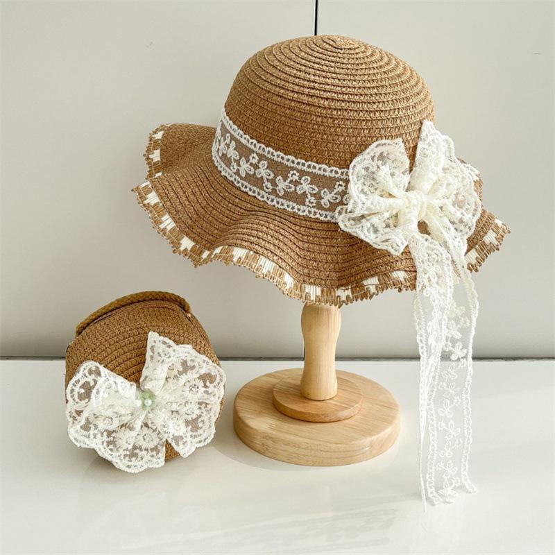 Kids Baby Girls Sun Hat And Straw Beach Bag Set with Elegant Lace Bowknot Trim Wide Brim for Vacation Beach Toddlers 2pcs