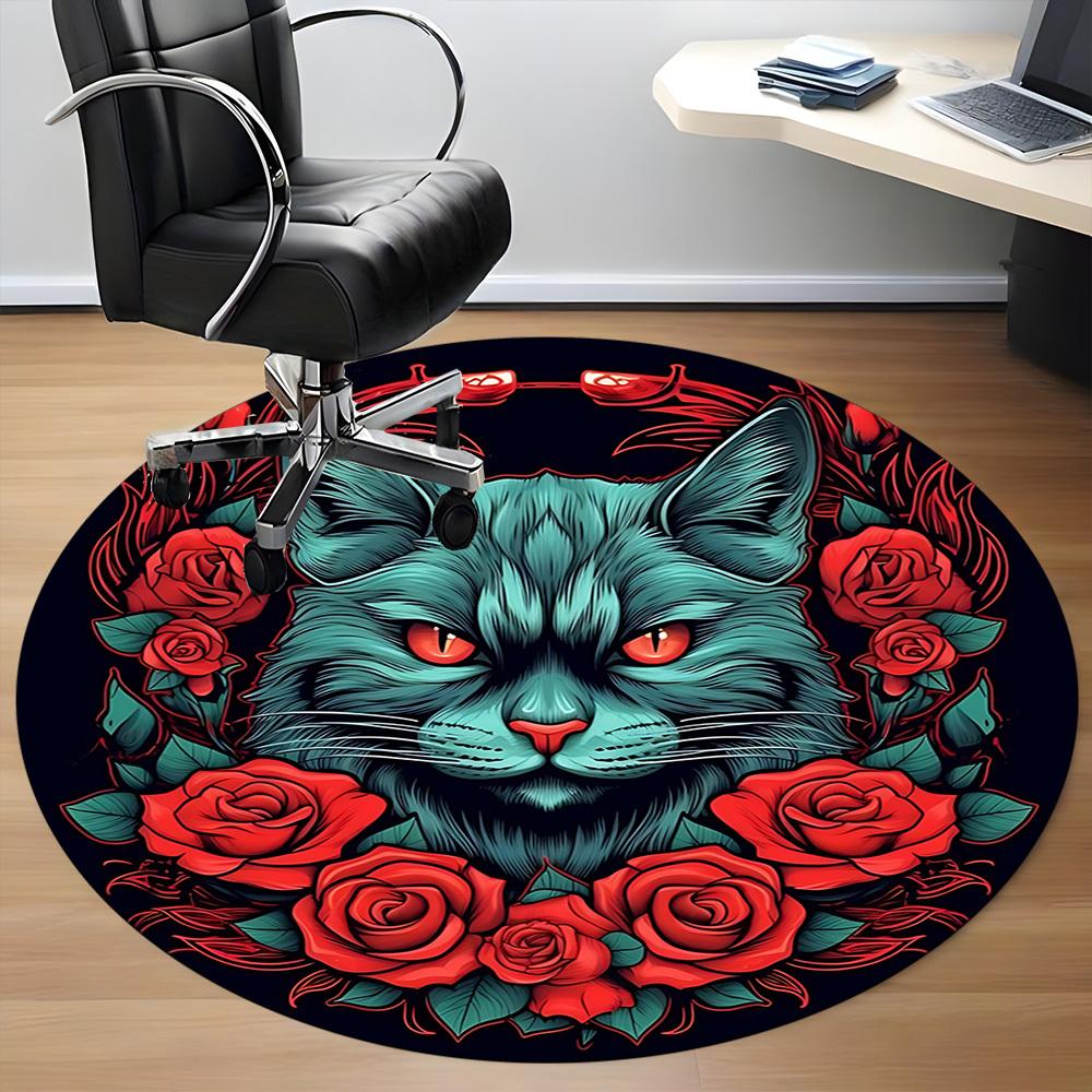 1 Stück Katzen-Rosen-Design, rundes Büroteppich, rutschfest, weich und langlebig, Büroteppich für Innendekoration, perfekt für das Büro