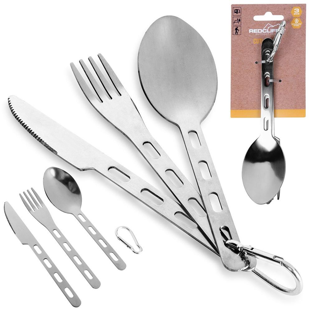 Steel tourist cutlery with carabiner, 3 pieces.