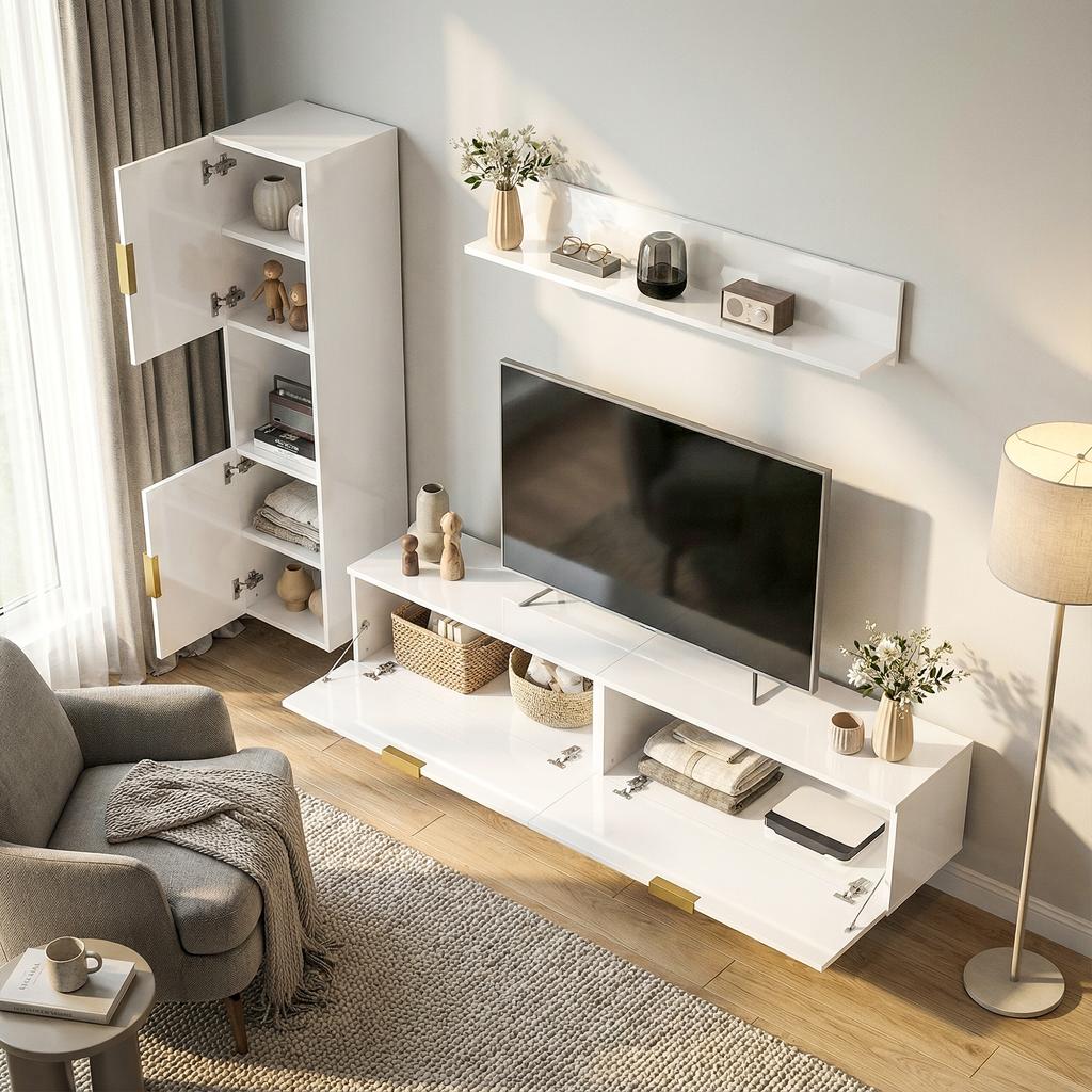 Floating TV Stand with Fold-down Doors Entertainment Center Wall Shelf Cabinet 180 cm High Gloss White