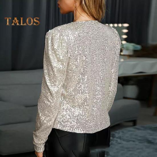 Frühling Herbst Dame Mantel Pailletten Schneiden Lange Ärmeln Offenen Stich Strickjacke Club Party Leistung Kurze Art Jacke