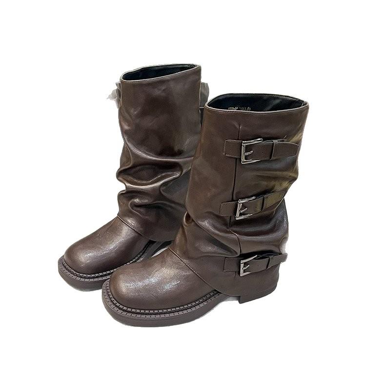 For comparison~ Leather thick-soled belt buckle western boots women's mopping boots wrinkled stacking boots medium long tube pants tube boots