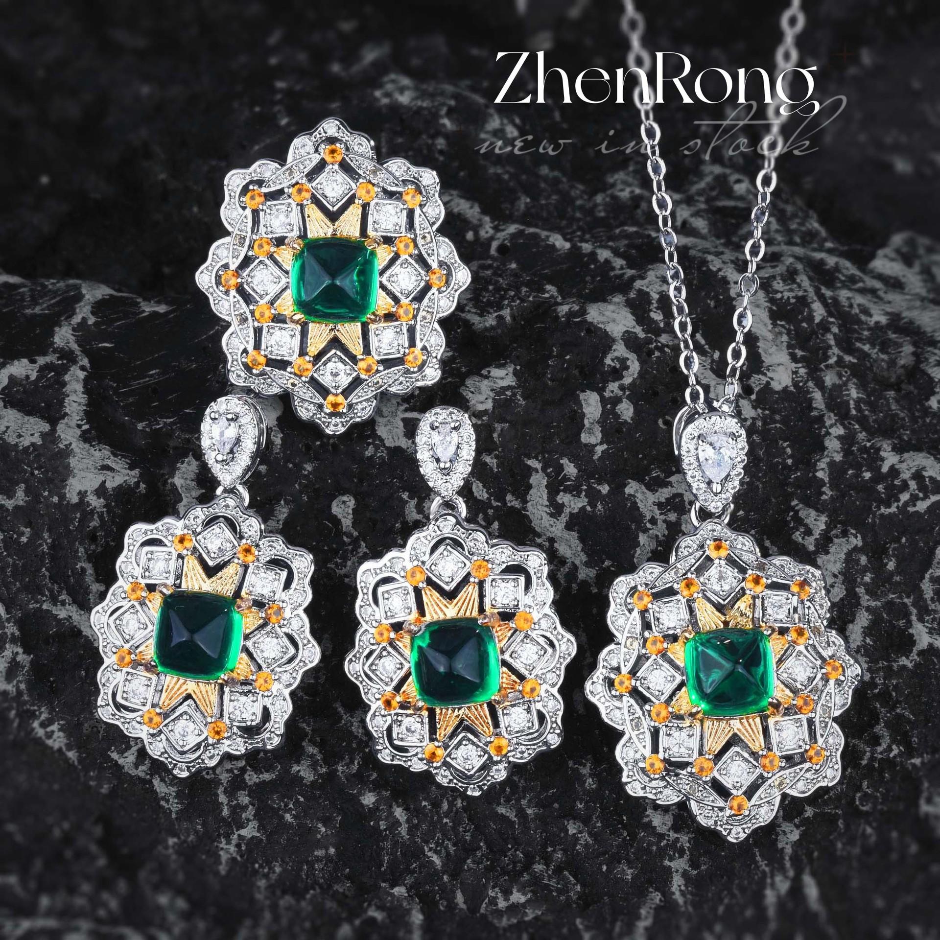 

Foydjew Retro Court Style Lace Hollow Out Simulation Emerald Jewelry Sets Pendant Necklaces Rings Green Crystal Drop Earrings resizable
