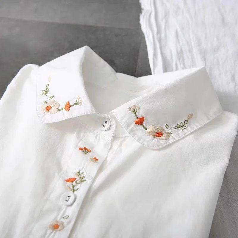 Pure Cotton White Shirts Women Turn Down Collar Embroidered Long Sleeve Button Casual Tops Girl's Blouse Spring and Autumn
