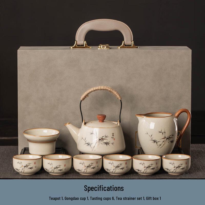 ChuyiQi Ru Kiln 10-Piece Ceramic Tea Set with Beam Handle Pot