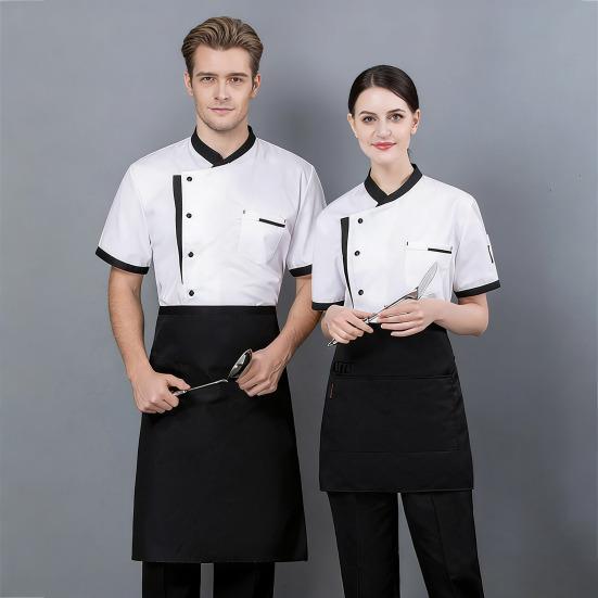 Chef Uniform Chinese Stand-Up Collar Short Sleeve Unisex Chef Tops with Practical Button Closure Color Matching Functional Pocket Restaurant Kitchen