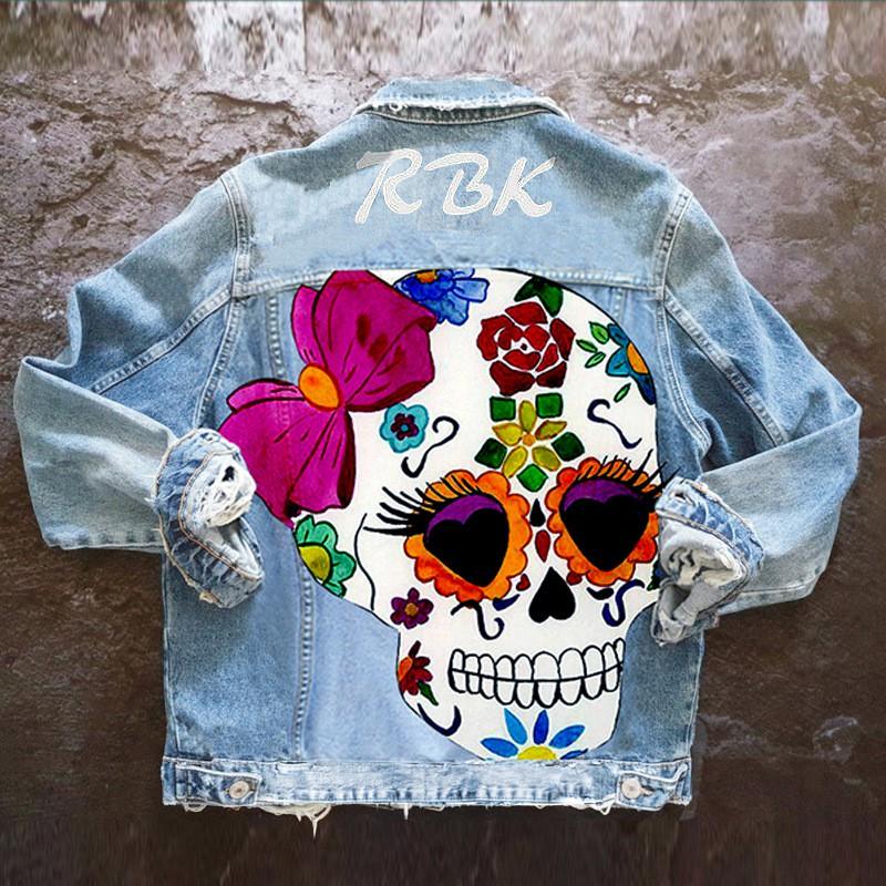 Damen Street Style Bedruckte Jeansjacke Lässige Langarm-Oberbekleidung Tägliche Kleidung