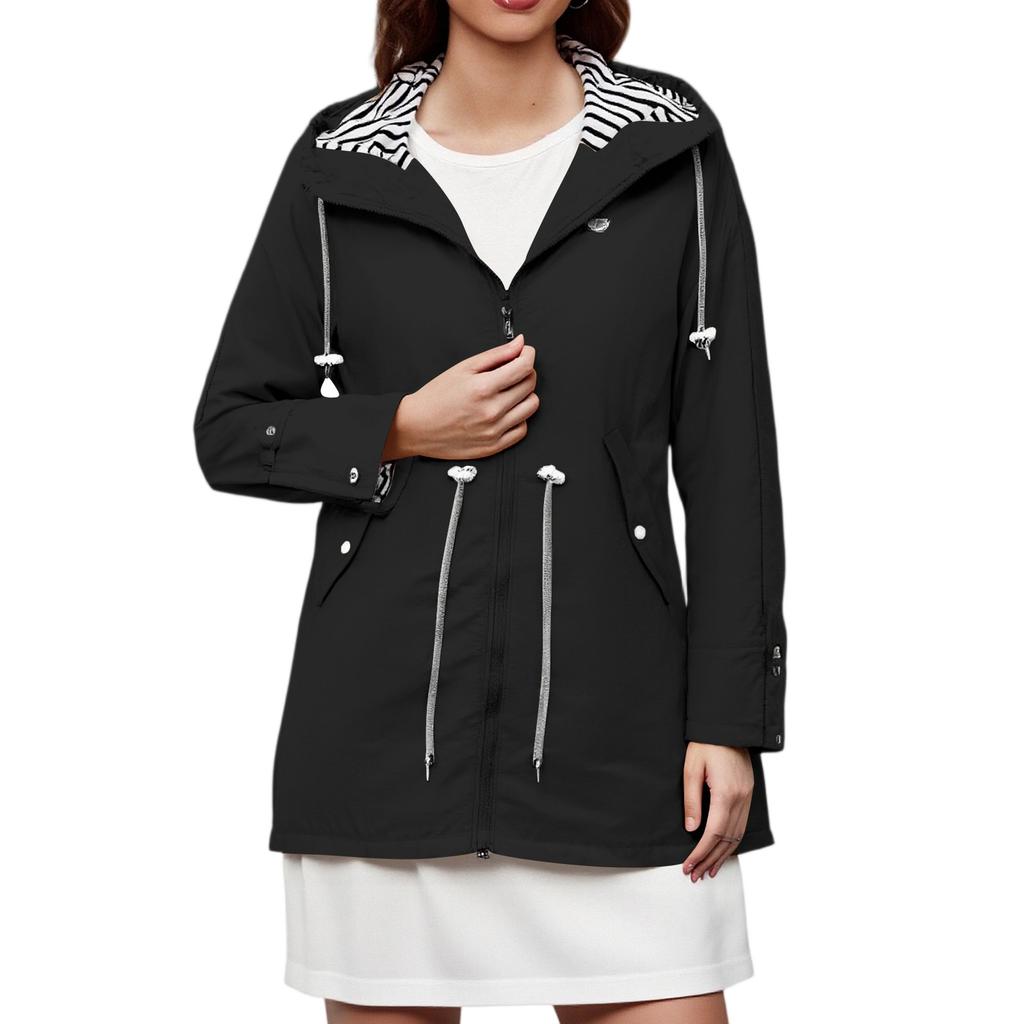 Women Solid Rain Jacket Outdoor Plus Waterproof Hooded Raincoat Windproof