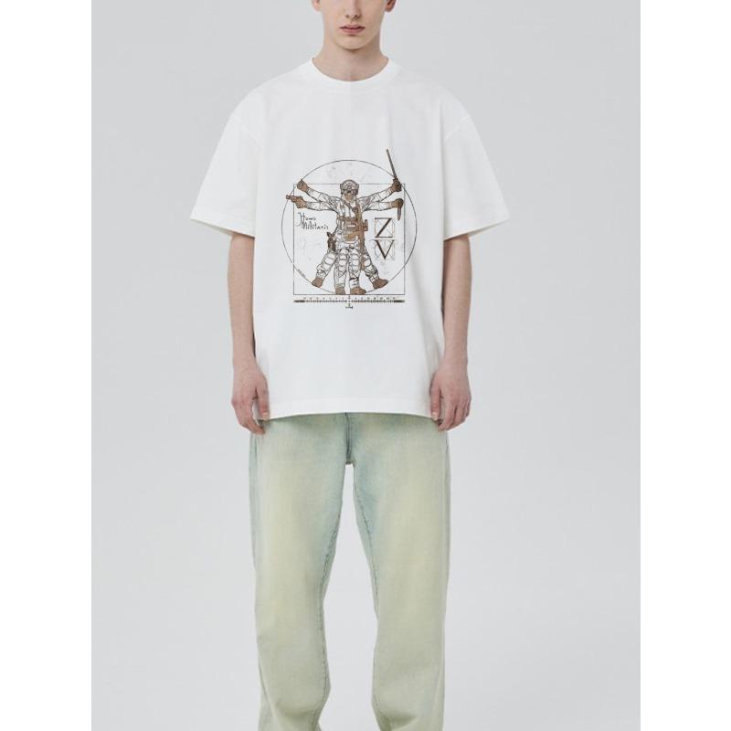 Men's Oversized T-Shirt White Vitruvian Warrior Design with Sword and Armor Graphic for Casual Streetwear Fashion