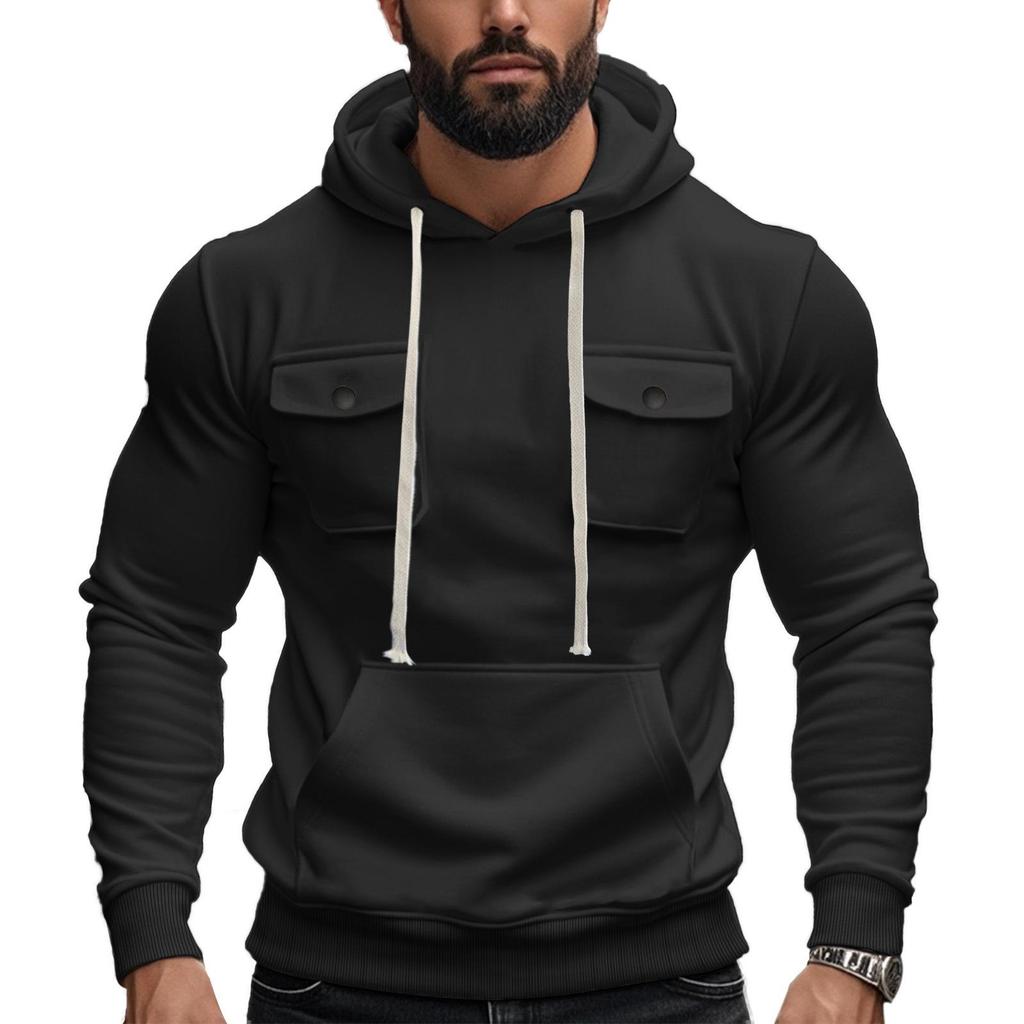 Men's American Style Heavyweight Plus Velvet Hooded Outdoor Workwear Sweatshirt - Multi-Pocket, Long Sleeve, Autumn/Winter Warmth