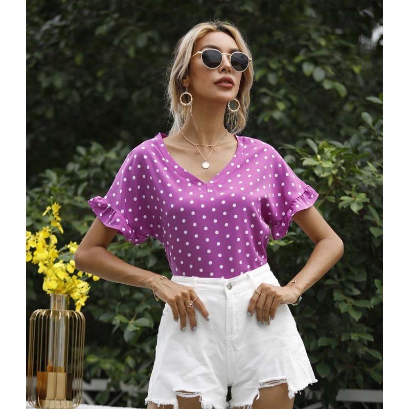 Women's Summer Polka Dot V-Neck Short Sleeve T-Shirt Top
