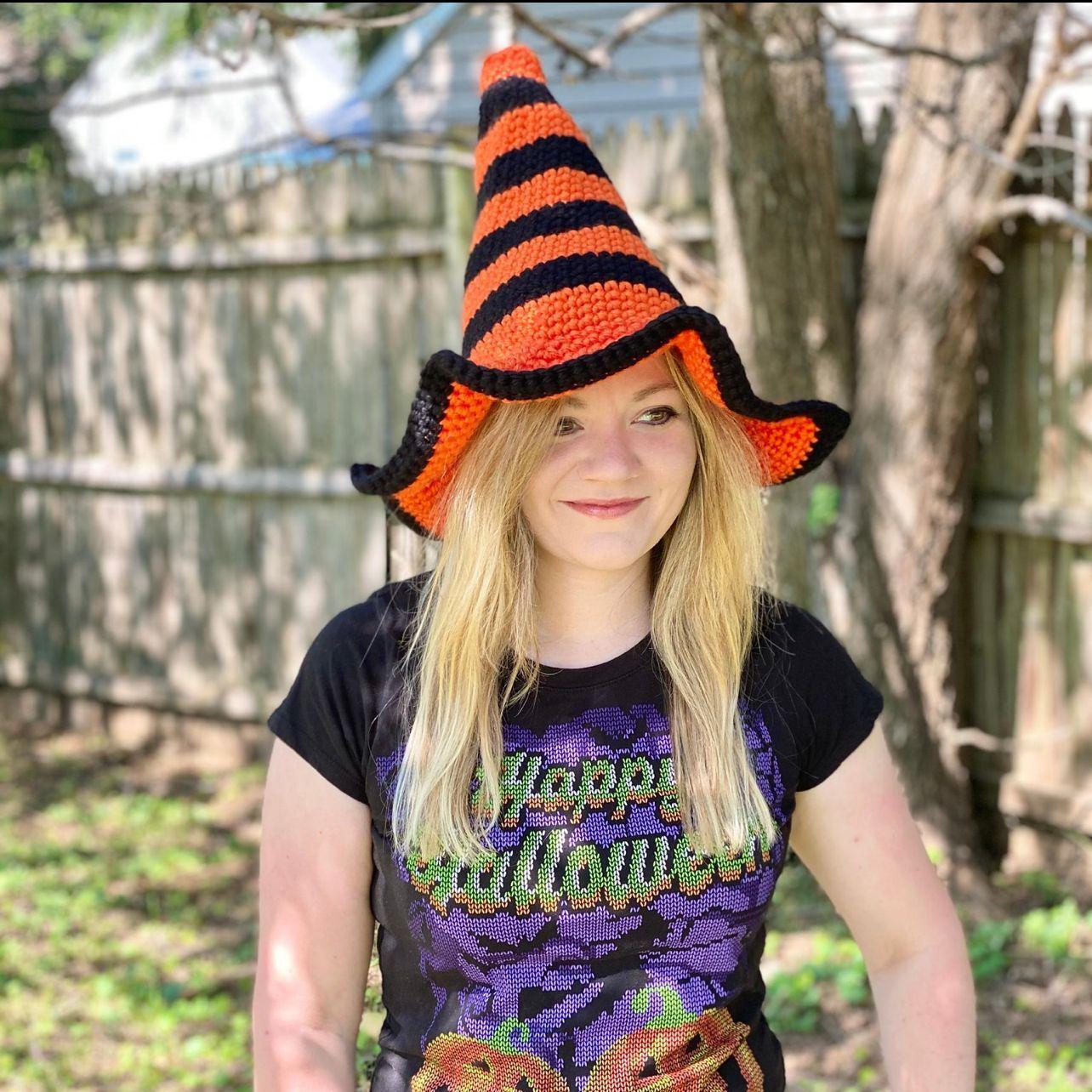 

Новая вязаная крючком шляпа ведьмы с большими полями и кудрявой бородой на Хэллоуин, смешная шляпа для взрослых Adult 57-59cm