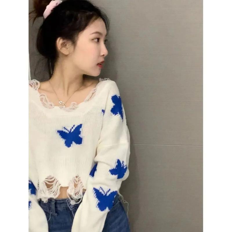 Butterfly Printed Short Sweater Sweet Women's Knitted Pullover Short Top Irregular Tassel Hem Collar Design Wide Truffle Shoulder Thin Sweater