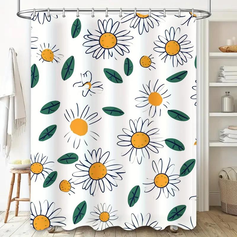 Charming Floral Shower Curtain Bright White Background with Daisies Leaves for Bathroom Decor 72 x 84 Inches Size Customizable E