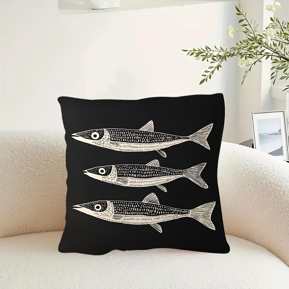 Vintage Fish Pattern Pillow Cover, White Tuna Design On Black Background Cushion Case For Living Room Bedroom Home Decor Gift