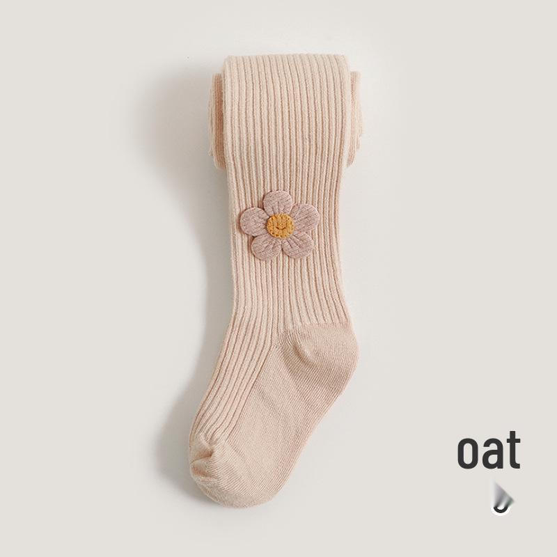 Spring & Autumn Girls' One-Piece Cotton Tights - Solid Striped, Medium Thickness, Sunflower Design