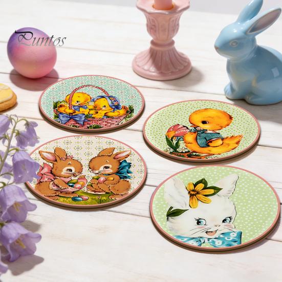 Easter Table Decor 4PCS Flower Coasters Set, Thick Cork Base Non-Slip Heat Resistant Drink Cute Animal Print Coasters, Floral Decorative for
