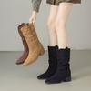 Spring retro cowboy boots new pointed thick heel pleated Martin boots stacked short knight boots