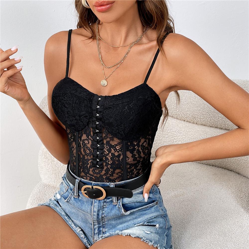 Sexy Damen-Overalls aus schwarzem Mesh mit Perspektive, Spitzenriemen und fester Strumpfhose