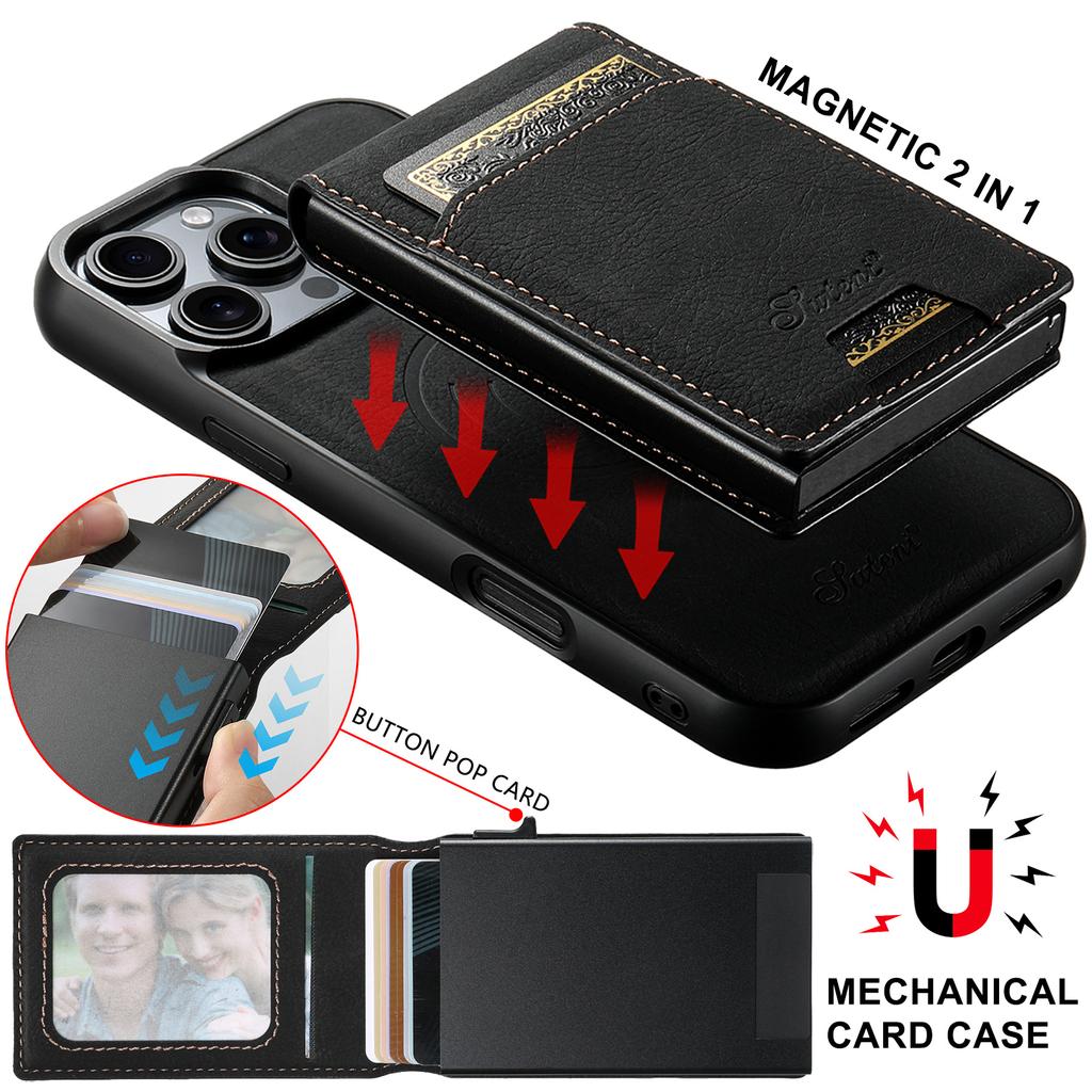 SUTENI H19 For iPhone 16 Pro Magnetic Case Card Holder Kickstand Litchi Texture Leather Back Cover
