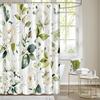 Shower curtain with blooming bright pink and white roses, watercolor leaves and floral bathroom decor with hooks