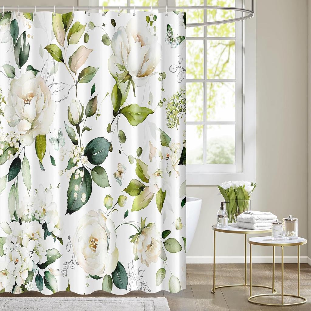 Shower curtain with blooming bright pink and white roses, watercolor leaves and floral bathroom decor with hooks