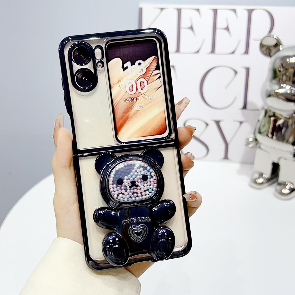 Quicksand bracket bear suitable for OPPOFindN2Flip mobile phone case luxury folding cute cartoon electroplating protective case