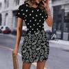 Fashion Womens Loose Vintage Pattern Print O Neck Short Sleeve Loose Streetwear A-line Dress
