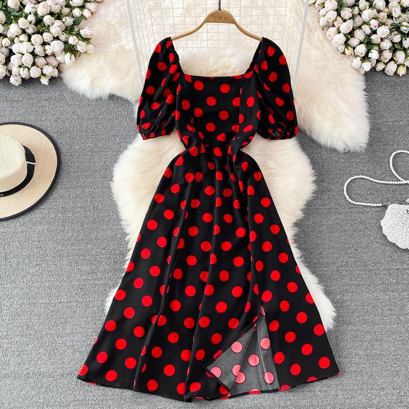 

Summer K-style Bubble Slim Looking Polka Dot Dress Short Sleeve Black All yards