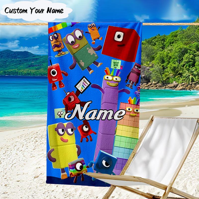 1PC Custom Name Number Blocks Adventure Heart Beach Towel, Lightweight Quick-Dry for Man Woman, for Summer Travel, Swimming Pool Birthday Gift
