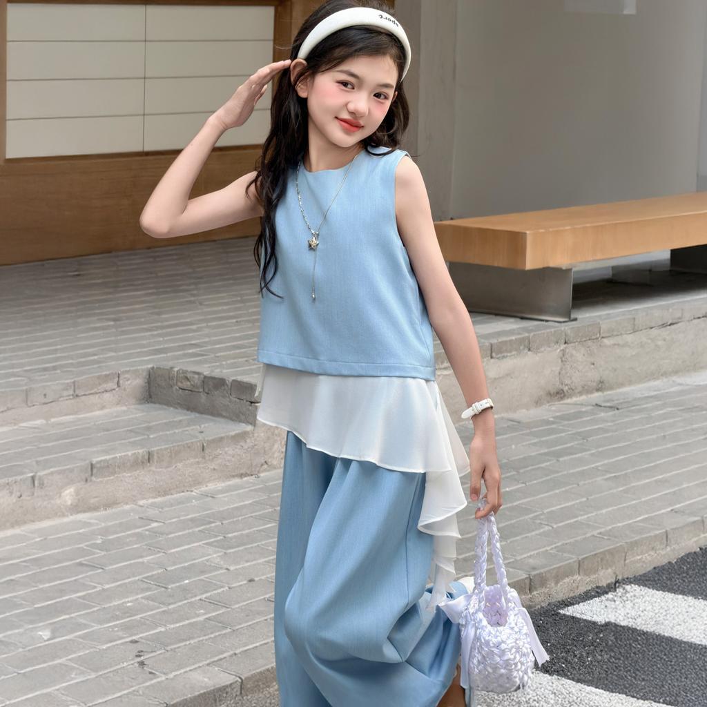Girls' Set 2026 Summer New Children's Casual Sleeveless Patchwork Top Korean Wide Leg Pants Two-Piece Set Summer
