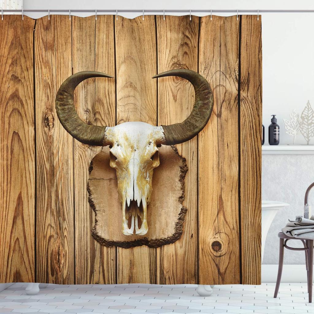 Western Bull Skull Shower Curtain with Hooks – Rustic Wood Plank, Buffalo Horns Art, Brown Ivory Cowboy Decor