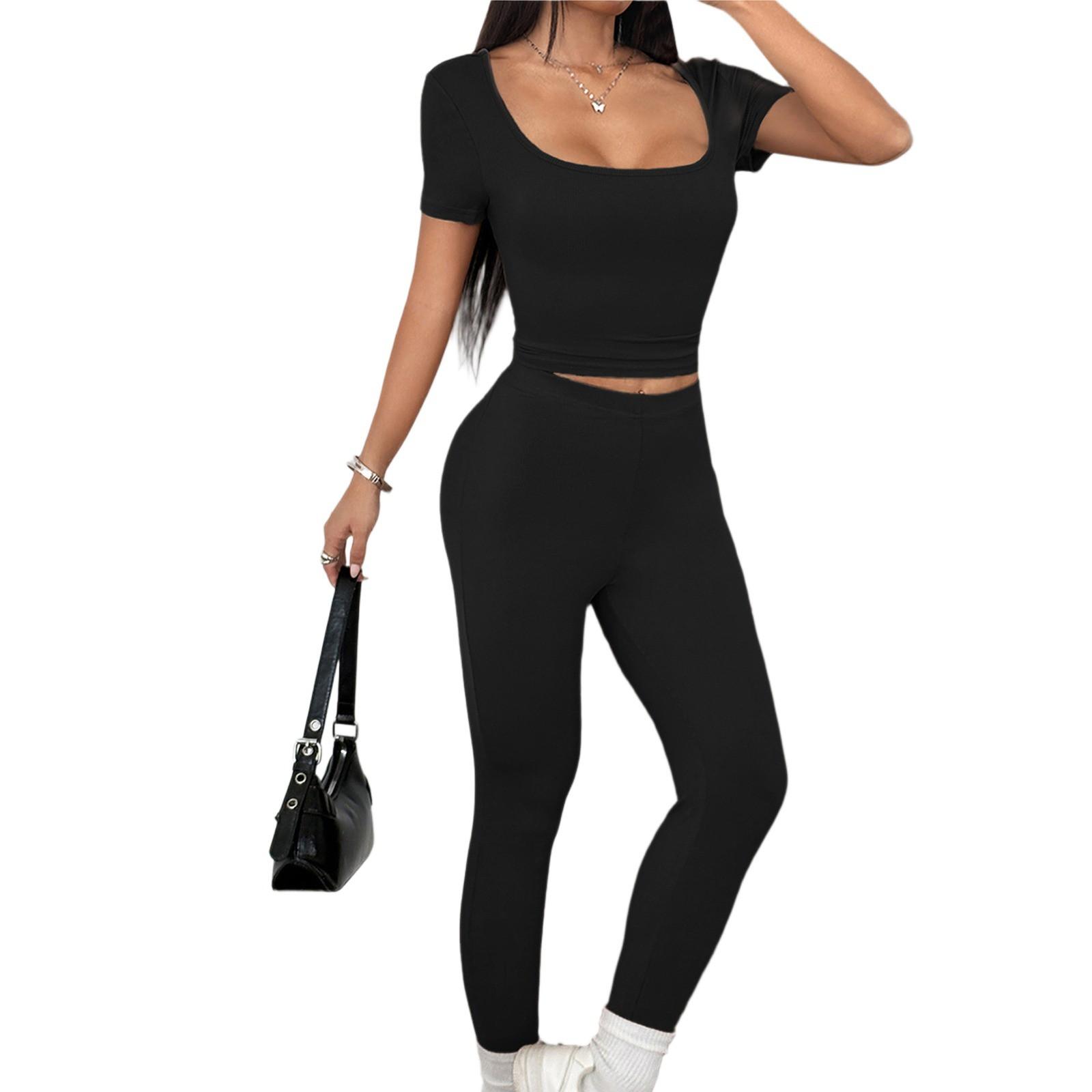 

Women Two Piece Set Sexy Short Sleeve Top And Yoga Pant 2 Piece Outfits M чорний