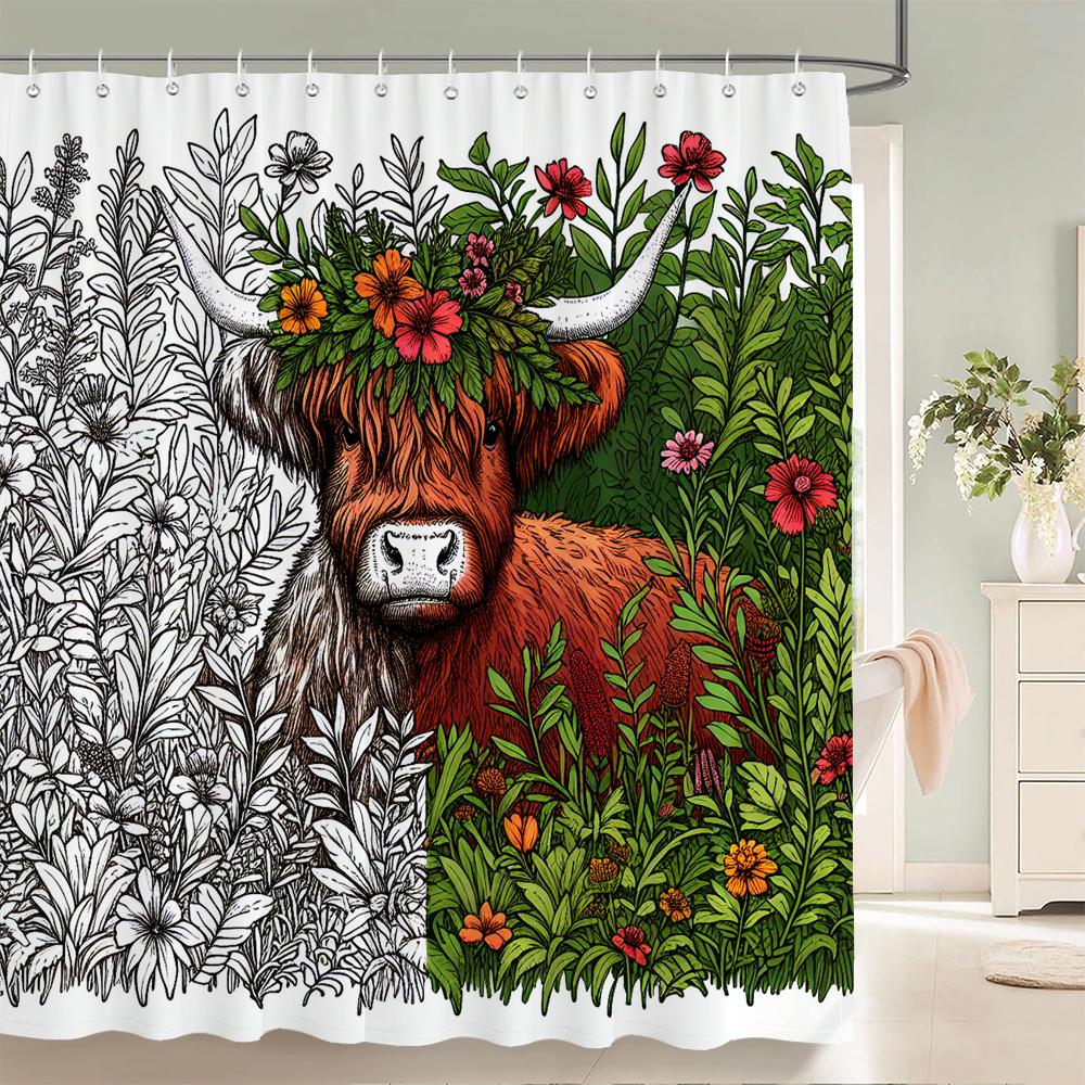 Watercolor Plants And Highland Cow Animal Shower Curtain Print Polyester Waterproof Bathroom Curtains With Hook Decorate Curtain