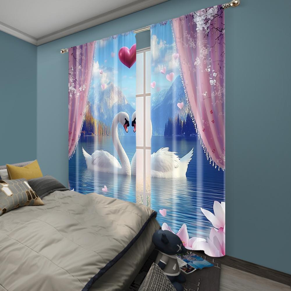 2pc,  Curtain Valentine's Day_ Swan Lake of Love Protecting Privacy Festive Wall Decor for Indoor Celebrations Decor