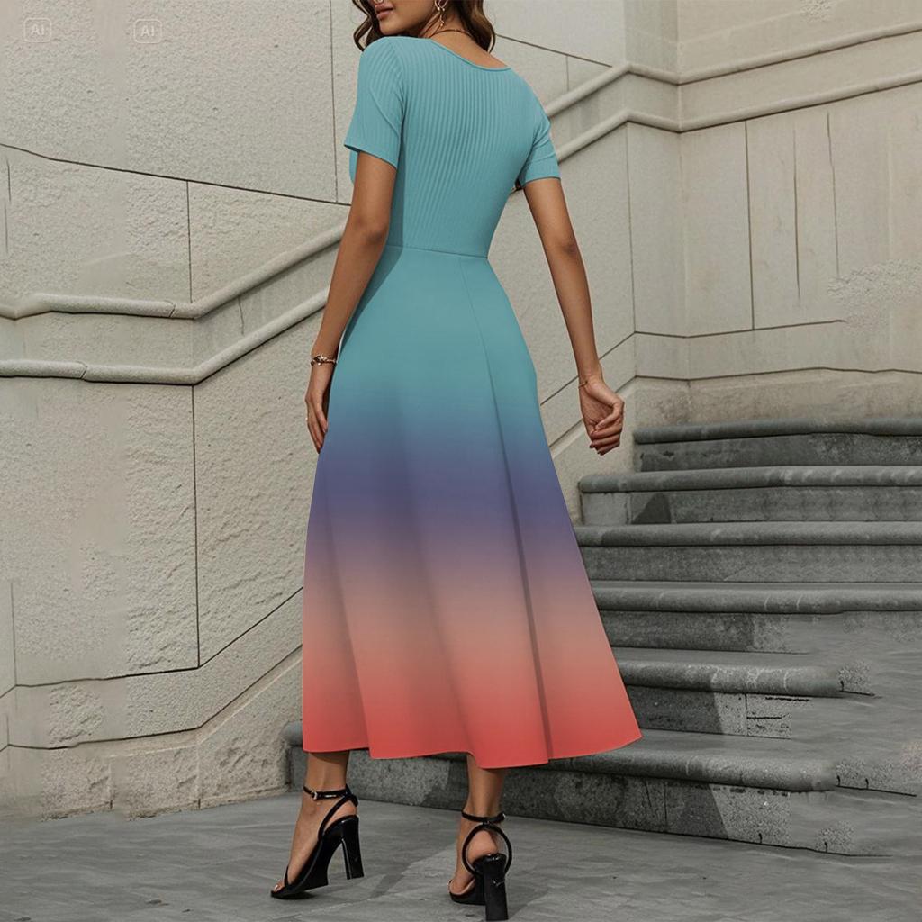 Women's Fashion Casual Short Sleeve Round Neck Splicing Gradient Elegant Temperament Dress