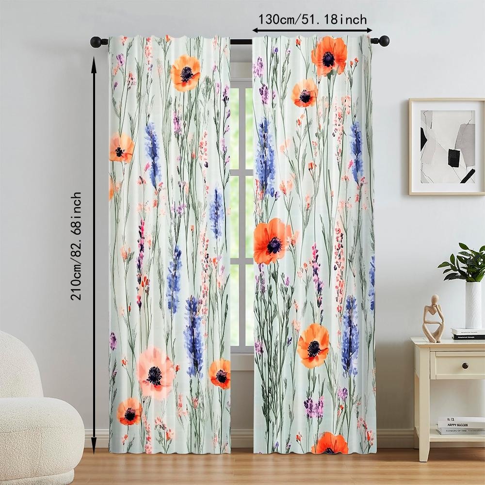 2 Stück Frühlingsgarten Vorhang Romantisches Wildblumen-Druckmuster Rot Blau Lila Blumen Landhausstil Vorhang Elegant Vier Jahreszeiten