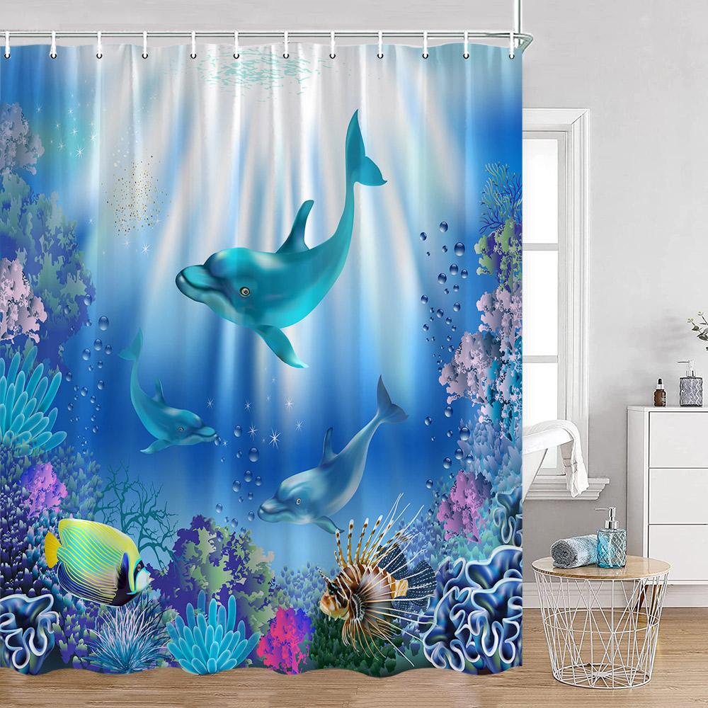 Ocean Animals Shower Curtains Undersea Tropical Fish Dolphins Coral Under Sea Home Decorations Summer Bath Curtains with Hooks
