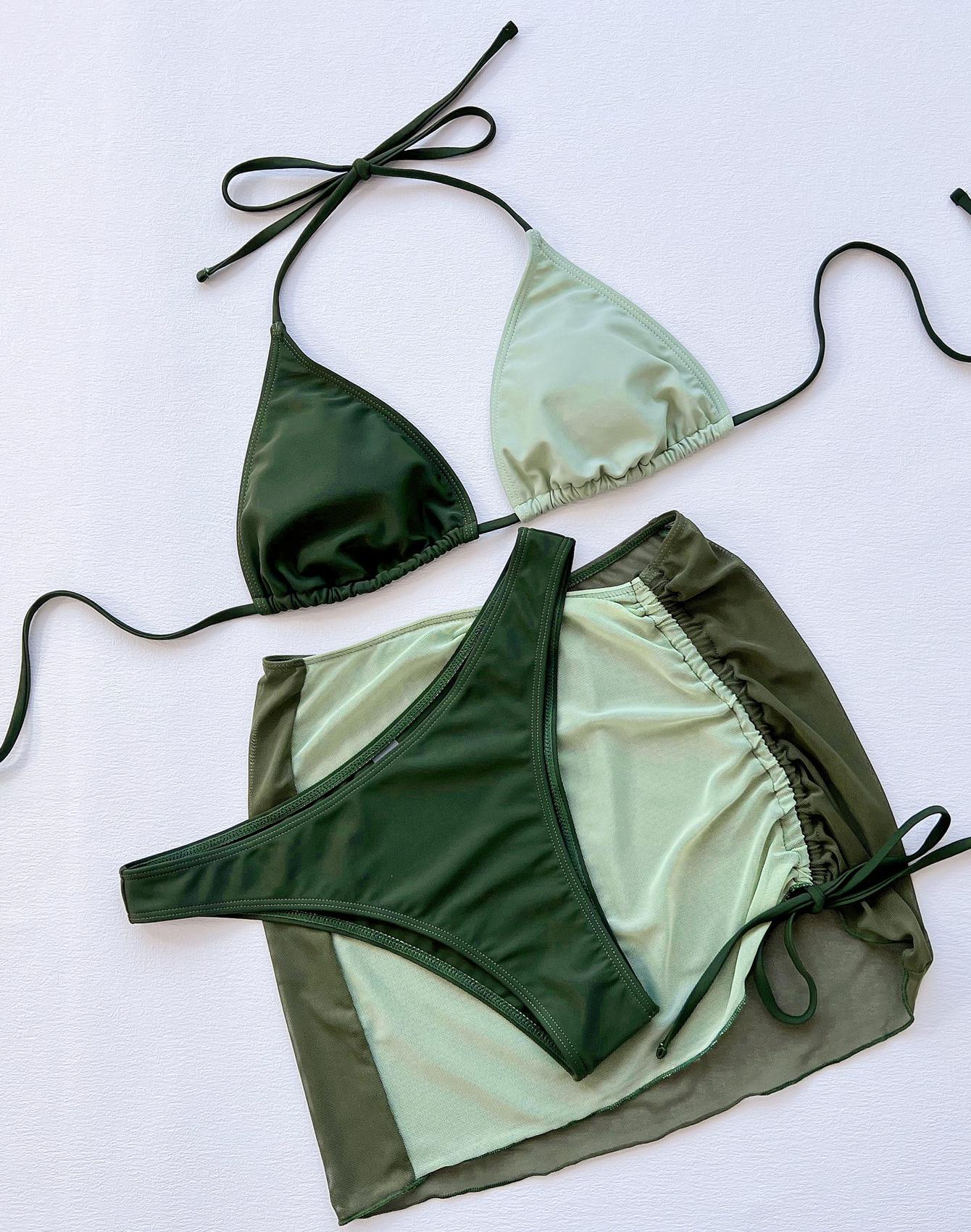 

Женский купальник, сплошной цвет, сексуальный комплект из трех предметов с завязками на спине, бикини, пляжная одежда, купальные костюмы L зелёный