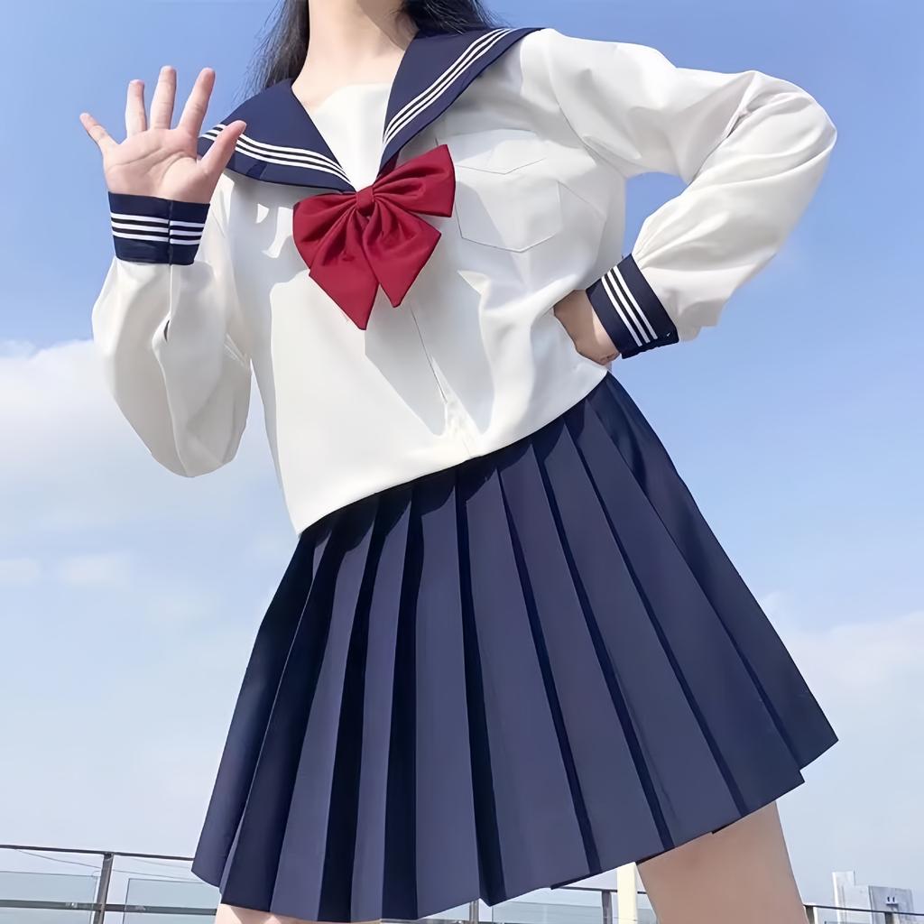 Japanese School Uniform Girl Jk Suit Sexy Spring and Autumn Red Tie White Three Basic Sailor Uniform Women Long Sleeve Suit