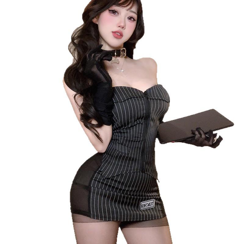 Spicy Striped Sexy Teacher Costume - Nightclub Cosplay Secretary Set