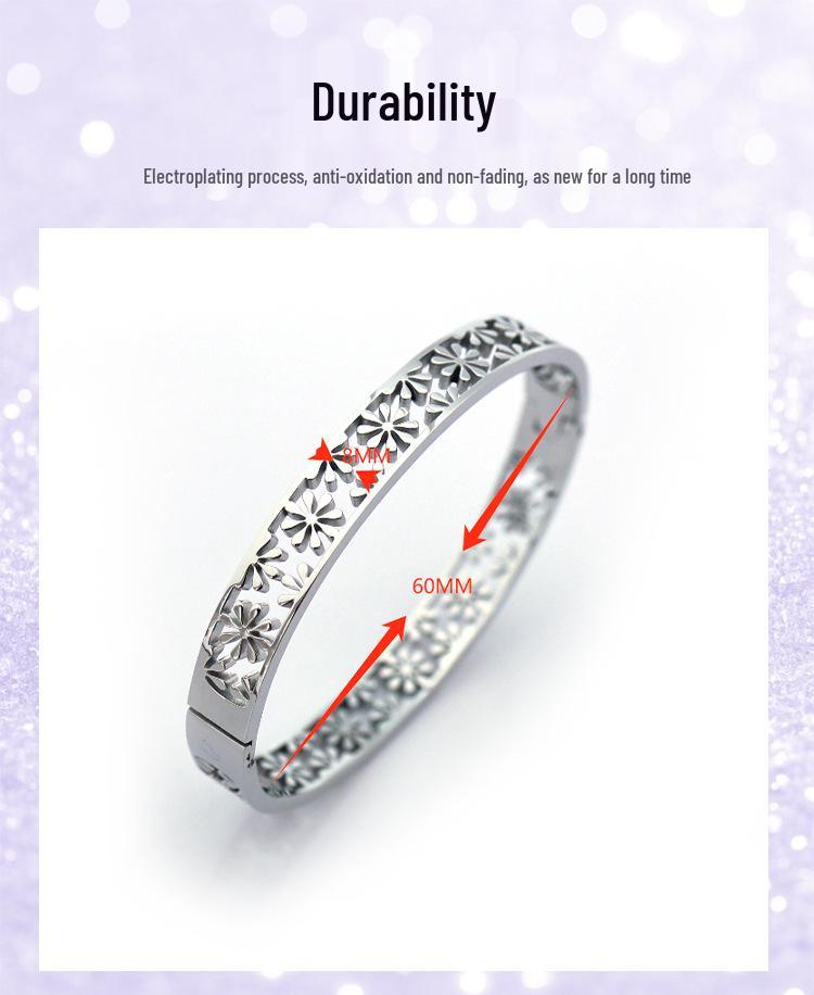 Edelstahl Schneeflocken Armreif: Weihnachten und Neujahr Offener Armreif aus Silber oder vergoldetem Titanstahl.