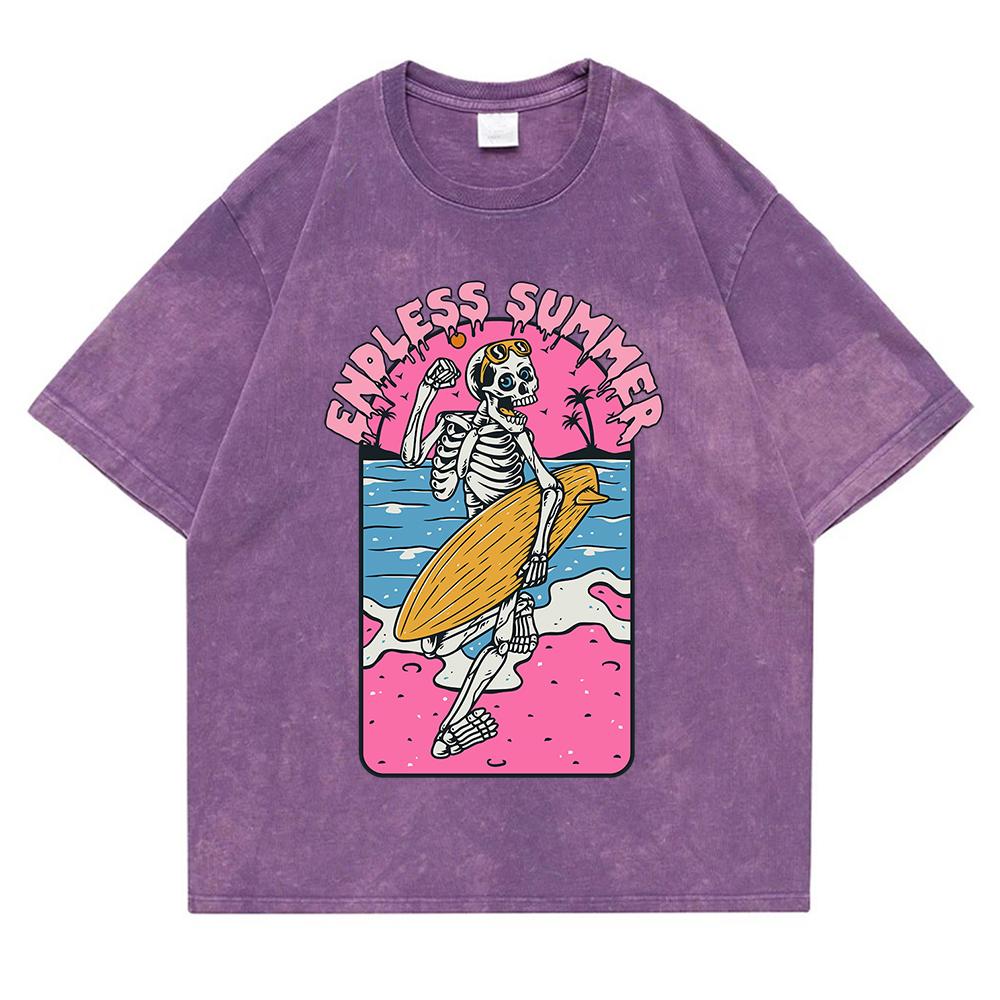 Endless Summer Skelett Surfen Gewaschen Retro Schneekleidung Herren Qualitäts-T-Shirt Sommer Baumwoll-T-Shirts Street Loose Tops