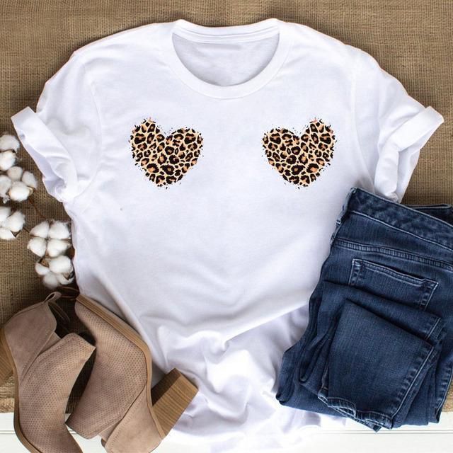 New Women Black T Shirt Feather Flower Love Heart Printed Tops Ladies Female Cute Graphic Tee Shirts Women O-Neck T-Shirts Tops