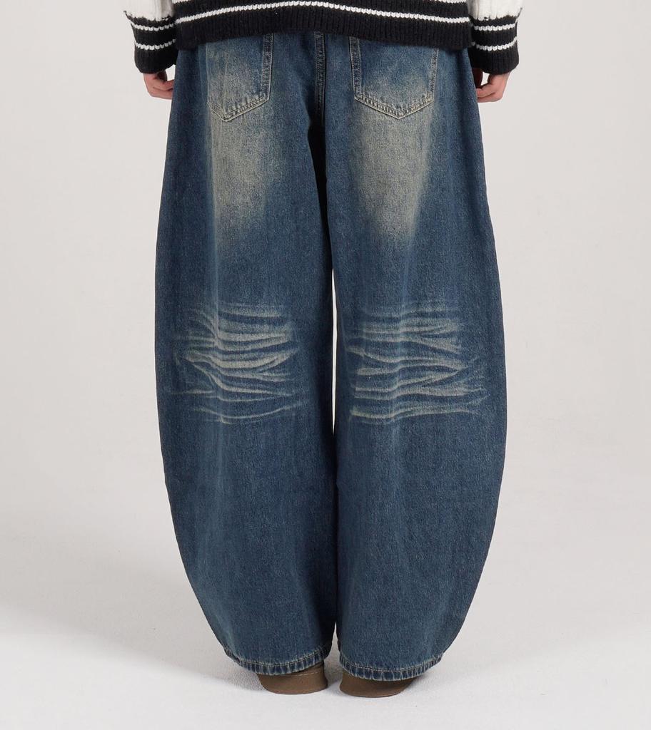 Beoteunseoul Double Catbrush Washed Wide Balloon Fit Denim (Blue)