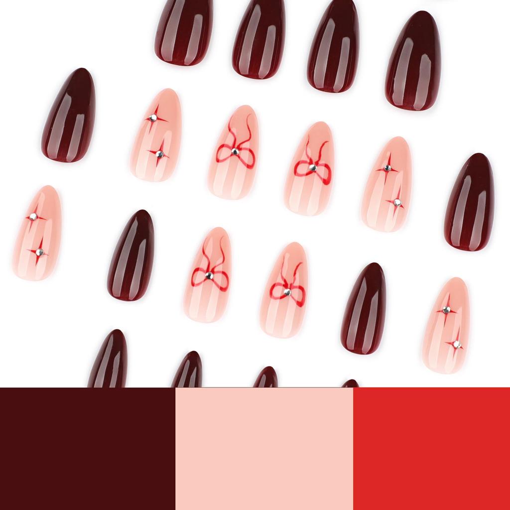 Red Almond-Shaped Press-On Nails with Bow and Star Design