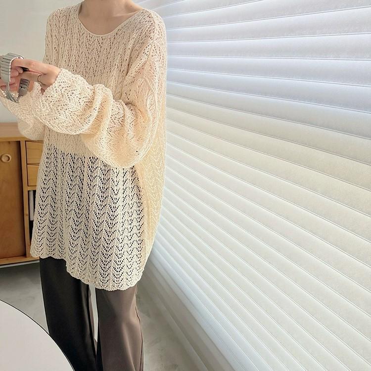 2024 Spring and Autumn New Lazy Wind Loose Long Sleeve Fashion Hollowed-out Slit Knitted Blouse