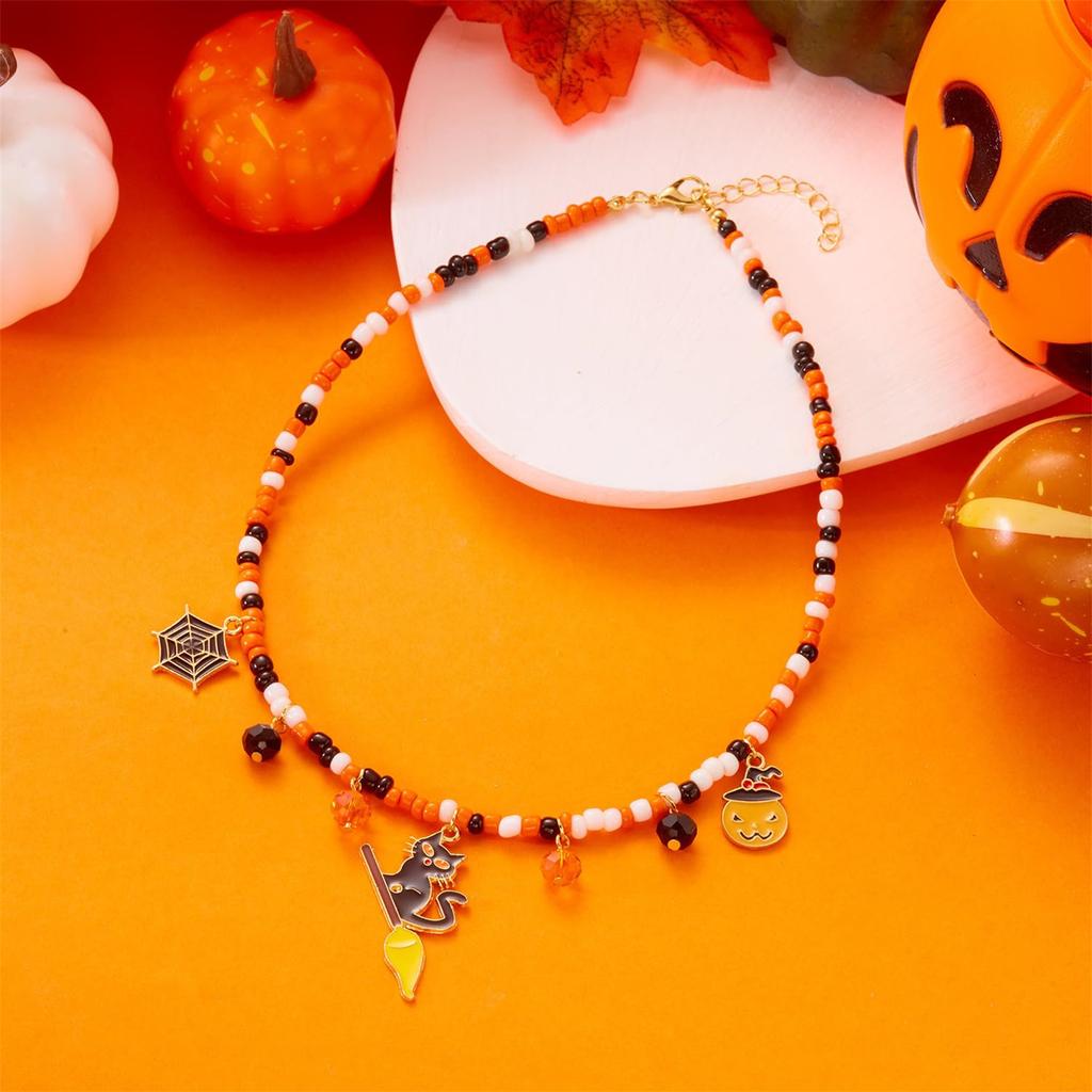 Halloween Pumpkin Beaded Pendant Necklace     Ornament Rice Bead Necklace Halloween Witch  Costume Accessories