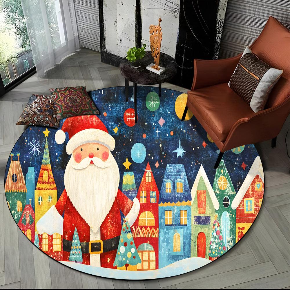 Cartoon Santa Claus Merry Christmas Snowman New Year Round Carpet Rug for Bedroom Living Room Sofa Decoration,Decor Floor Mat