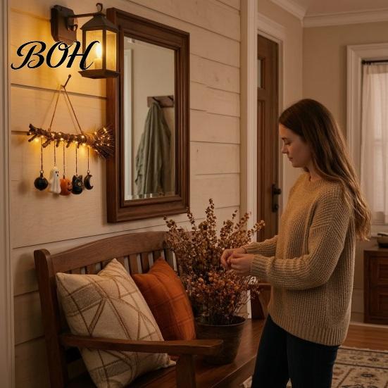 Retro Pastoral Style Decorations Halloween Witch Broom Wall Decor with LED Light, Thanksgiving Fall Front Door Indoor Outdoor Holiday Sign Pumpkin